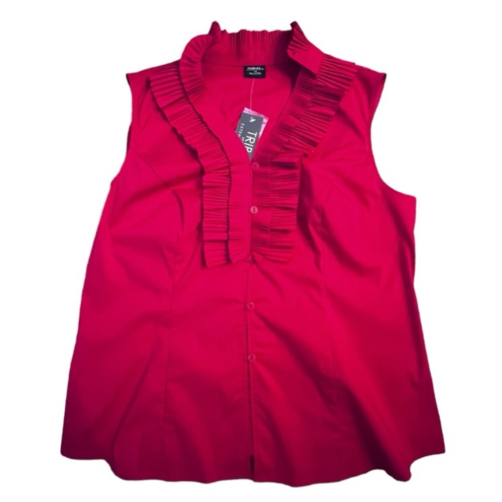 Tribal Ruffle Neck Red Shirt Blouse Sleeveless Classic Top Office - Picture 5 of 11